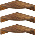 Fun Memories Corner Shelf Wall Mount, Wood Floating Corner Shelves, Corner Wall Shelf for Bedroom, Bathroom, Kitchen, Living Room (Brown, 3 Pack)