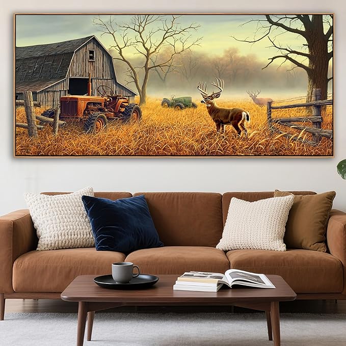 XLSJERST Deer Wall Art for Living Room Canvas Prints Decor Country Tractor Rustic Wildlife Cabin Hunting Picture Glass Surface Artwork for Bedroom Home Office 86x39 Inches