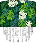 Green Leaf Tropical Leaf Lamp Shade with Acrylic Bead Droplets, Drum Fabric Light Shade for Ceiling Pendant Table or Floor Lamps, Botanical Nature Home Decor, 11.8in