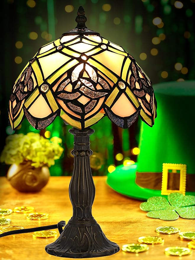 KY&BOSAM Tiffany Table Lamps Irish Celtic Stained Glass Light Lamp 17500 Lumen Style Shade E26 Bulb Holder Metal Base 8*8*14 Inch Memory Gifts Bedroom Living Room Kitchen Office St Patrick's Day Decor