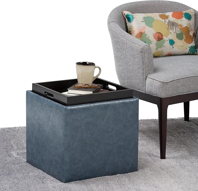 SIMPLIHOME Rockwood Cube Storage Ottoman with Tray - 17 inch Wide Upholstered Vegan Leather Square Storage Ottoman in Denim Blue, Contemporary Cube Ottoman for Living Room with Serving Tray