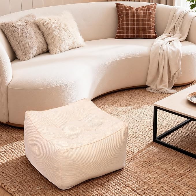 Square Corduroy Pouf Ottoman, Soft Fluffy Foot Stool with Foam Chunk Filling, Floor Pouf & Storage Ottoman for Living Room, 21" x 21" x 14", Off-White