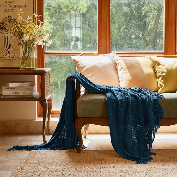 lifein Throw Blanket for Couch, Soft Boho Decor Bed Throw,Cozy Washed Blue Knitted Chenille Small Farmhouse Lightweight Throw (Washed Blue,50 * 60")