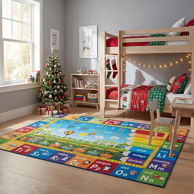 Unirea 6x9 Kids Rug for Playroom Classroom Bedroom, Washable Educational Play Mat with ABC Alphabet, Numbers, Animals for Living Room, Nursery, Colorful Learning Carpet for Toddlers, Rainbow