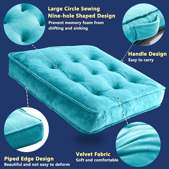 Floor Pillow Set of 2, Memory Foam Meditation Cushion, Floor Cushions for Adults Sitting, Large Square Seat Cushions for Yoga, Couch, Sofa, Kids, Living Room, 22x22 Inch (Blue)