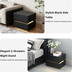 Black Nightstand, LED Fluted Night Stand with Charing Station, Small Nightstand 2 Drawers, Bedside Table with USB Ports, Modern End Side Table for Bedroom/Livingroom