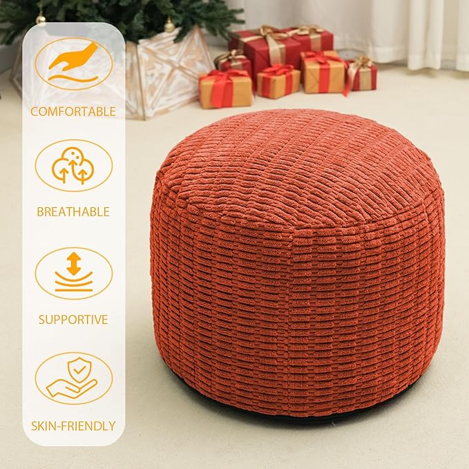 Round Stuffed Pouf Ottoman for Foot Rest, Storage Ottoman Pouf Foot Stool Cushion, Faux Fur Poufs with Foam Chunk Filling, 26 X 18 Inch Floor Chair for Living Room Bedroom Home Decor, Coral Orange