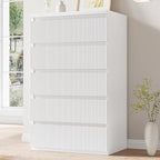 Modern 5 Drawer Dresser, 43" Tall Dressers for Bedroom, Fluted Dresser with Hidden Handle Design, Wood Mid Century Vertical Dresser Natural Texture for Bedroom, White Dresser