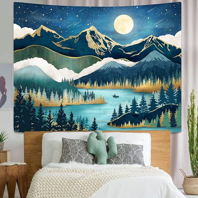 Accnicc Mountain Tapestry Nature Forest Tree Tapestries for Bedroom Aesthetic Starry Night Moon Stars Tapestrys Wall Hanging Teal Abstract Wall Tapestry for Dorm Living Room (Teal, 60'' × 44'')