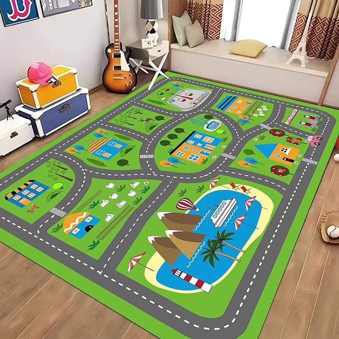 Kids Car Playmat 78.7"X 59", Kids Rug for Playroom Car Mat Town City Road Traffic Rugs, Play Mat for Floor, Extra Large Boys Kid Car Track Play Rug (Style Three, 78.7X 59 INCH)