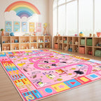 Educational Rug for Classroom, Play Rugs for Boys Girls Bedroom Kids Room, Non-Slip Washable ABC Learning Carpet for Playroom, Zoo Road Play Mat, 8x10 Pink