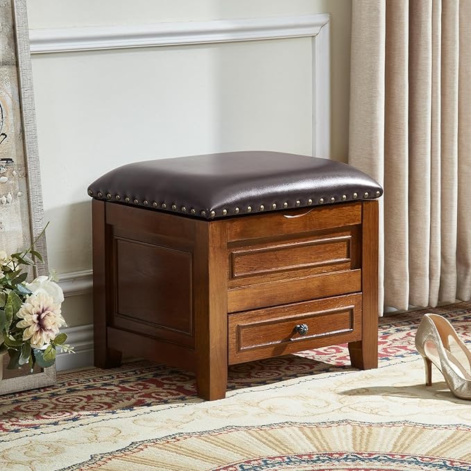 Storage Ottoman with Drawer, Shoe Bench Use Microfiber Leather Cushion Top with Wooden Base for Hallway, Bedroom, Living Room