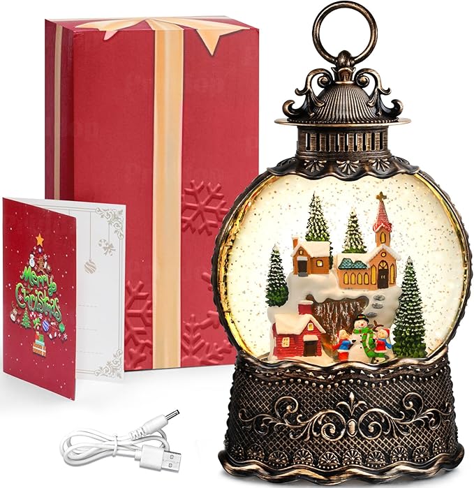 Village Snow Globe Christmas Decorations Indoor Church Snowman Snow Village Scene Gifts Classic Relief Texture Musical Glitter Snowfall USB/Battery Timer Lantern 10.6 inch