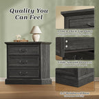 Huuger Nightstand with Charging Station, 3 Drawer Night Stand Set of 2, 22 Inch Wider Side Table with Storage, Farmhouse Nightstand with Vintage Handles, Thicken Base, for Bedroom, Black