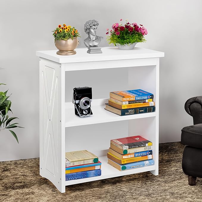 Natural Wood Bookshelf, 3 Tier Bookcase, Freestanding Display Storage Shelves Open Bookshelf for Bedroom, Living Room and Office (White, Table with Back)