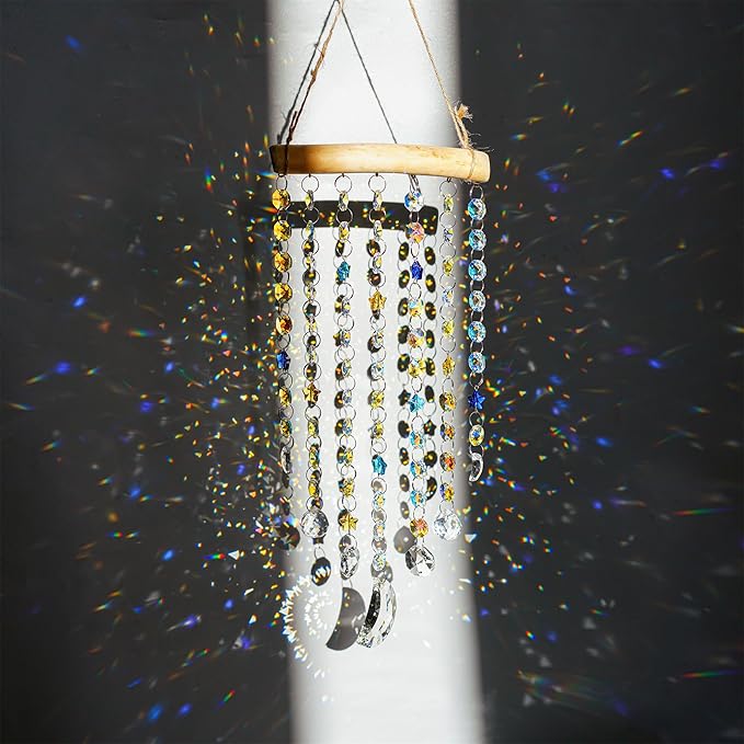 13.3inch Crystal Moon Star Prism Suncatcher Rainbow Maker Pendant Window Garden Hanging Decoration Ornament for Christmas Tree Crystal Wind Chimes