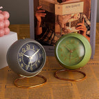Metal Desk Clock, Retro Bedroom Table Vintage Analog Alarm Clock, Silent Non-Ticking Gold Clock, Bedside Décor(Olive-Green)