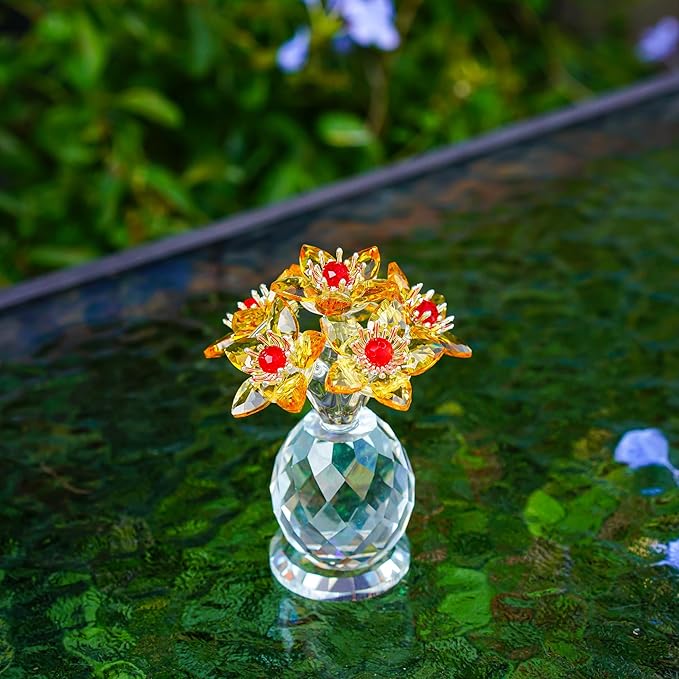 Yellow Glass Flower Bouquet Collectible Figurines Crystal Flower Ornament Wedding Anniversary for Women Wife