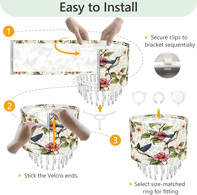 Hummingbird Floral Lamp Shade with Acrylic Bead Droplets, Spring Humming Bird Flower Fabric Light Shade for Pendant Table & Floor Lamps, Memorial Gift for Bird Lover, 11.8in