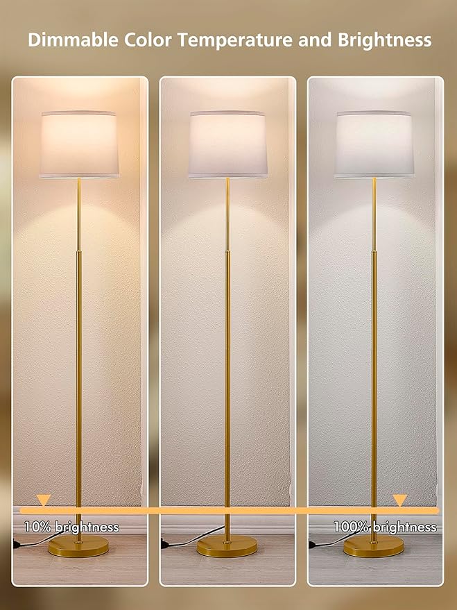 60" Modern Floor Lamp for Living Room, Standing Lamp with White Linen Lampshade, Remote and Foot Switch, Tall Lamp with A19 9W 3000K-6000K Color Temperature 10%-100% Brightness Dimmable Bulb, Gold