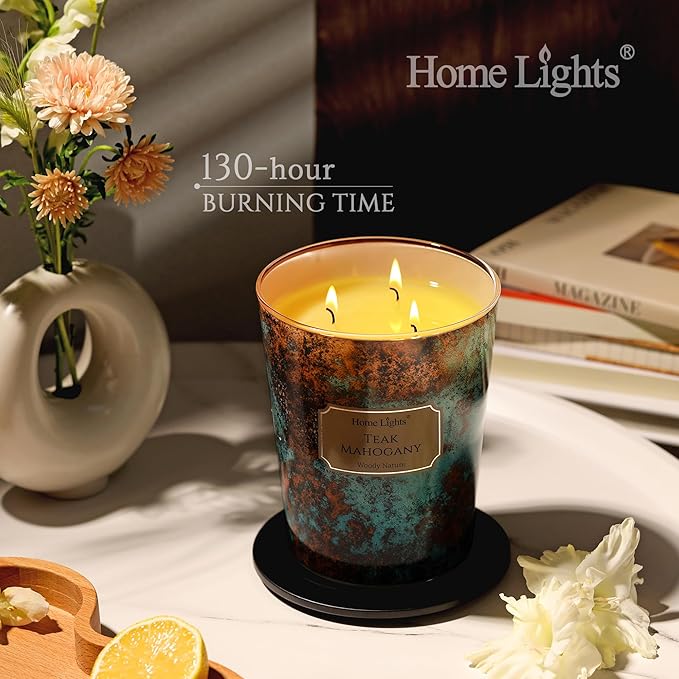 HomeLights Scented Candles | Large Jar 34 Oz Natural Soy Candle | 130 hrs Long-Lasting with 3 Wicks | Industrial Chic Home Decor | Gifts for Mom & Women, Teak Mahogany