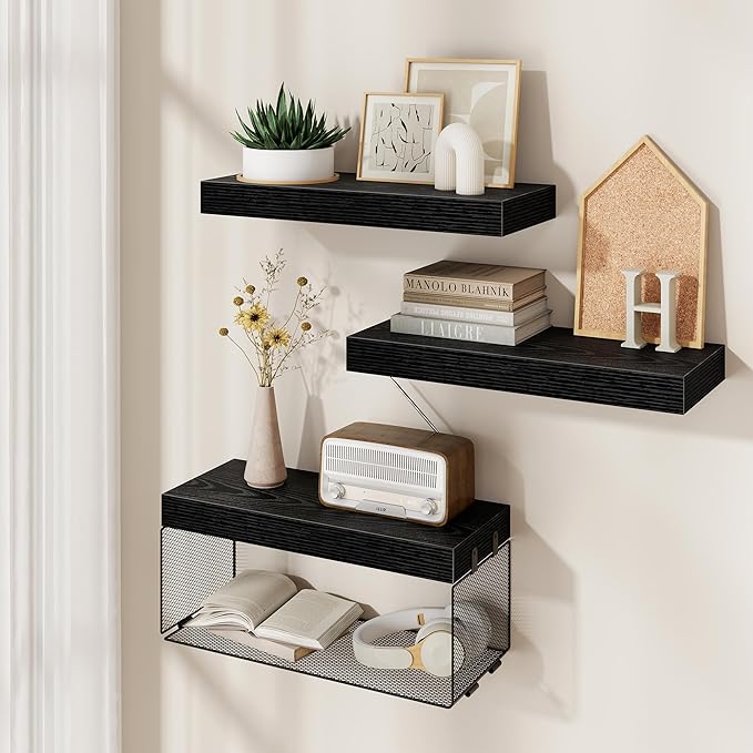 Bathroom Floating Shelves for Wall,16 inch Wall Mounted Floating Shelf Toilet Organizer and Storage,Small Farmhouse Decor Shelf,Black,Set of 3