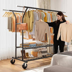 Raybee 74" W Heavy Duty Clothes Rack, Double Rods Clothing Rack Load 630 LBS, Rolling Clothes Racks for Hanging Clothes 400+, Garment Rack with shelves for Bedroom, Laundry Room, Retail Store