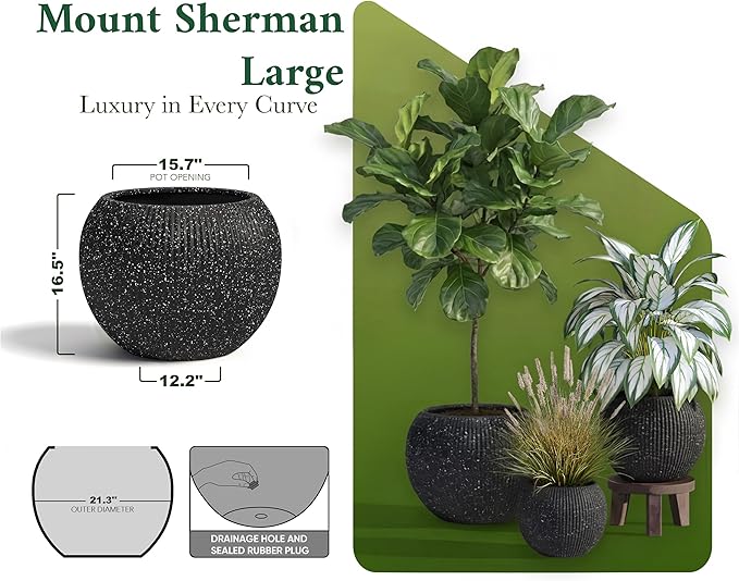 DTY Signature Mount Sherman 19.7''D x 21.7''H Modern Indoor Outdoor Fiberstone Sphere Planter, Durable Round Garden Pot, Weather Resistant, Drainage Hole & Rubber Plug (Ribbed Black, Large)