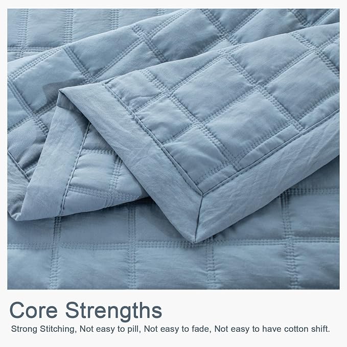 KASENTEX Queen XL Quilt Set 98"x98" – Soft Washed 3-Layer Lightweight Bedspread, Minimalist Nordic Design, All-Season Spring & Summer Quilt Set (1 Quilt + 2 Pillow Shams), Grey Blue