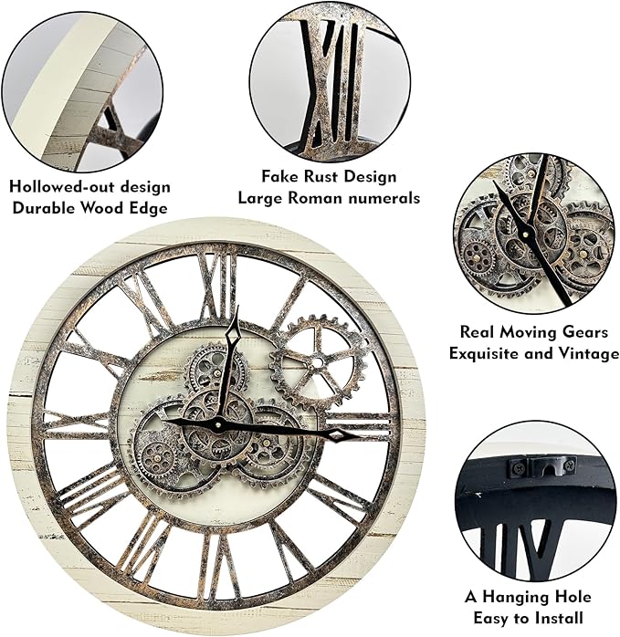 The B-Style Large Wall Clock 24 inch Moving Gear Wall Clock Oversized Vintage Farmhouse Wall Clocks for Living Room Decor Rustic Industrial Wood Clock (Desert Beige and Bronze, 36 inch/90cm)