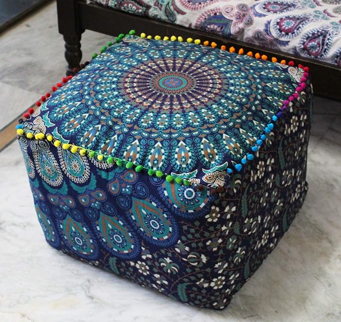 CRAFT KALA Indian Square Patchwork Traditional Pouf Cover Indian Living Room Pom Poufs Cover Decorative Designer Ottoman Home Living Footstool Chair Cover Ottoman Decor 18X18X14 inches, Blue Mirchi