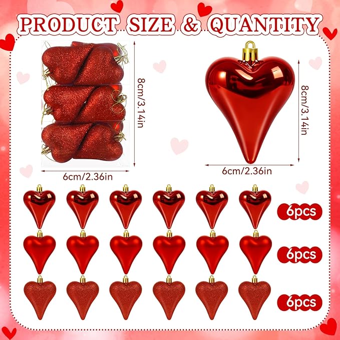18 Pcs Valentines Tree Heart Ornaments Red Valentines Tree Decorations 3 Style 3.2" Heart Shaped Valentine Hanging Ornaments for Christmas Tree Wedding Party Decoration