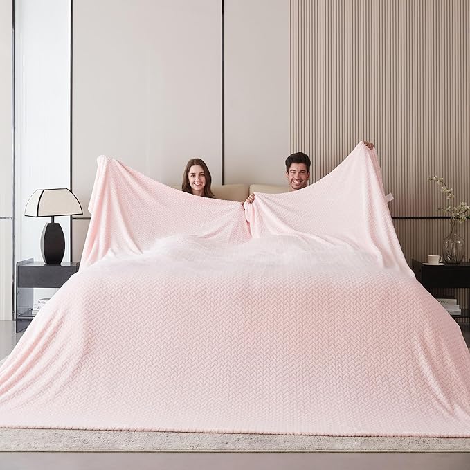 Oversized King Fleece Blanket 120x120 Inches, Seamless Soft Cozy 3D Jacquard Flannel Blanket 10'x10' Extra Large for Bed, Sofa, Couch, Travel & Camping, California King Throw, Pink Leaf