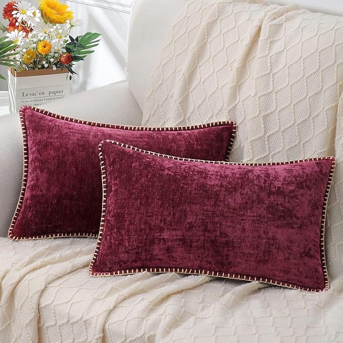 decorUhome Spring Chenille Soft Cozy Throw Pillow Covers 12x20 Set of 2, Modern Farmhouse Boho Velvet Decorative Pillow Cases with Stitched Edge for Couch Sofa Bed Home Decor, Rhododendron