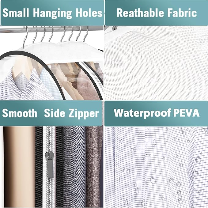 Clear Garment Bag for Hanging Clothes 10” Gusseted, (40&50") Suit Bags for Open Closet Storage Plastic Clothes Cover for Coat, Dress, Shirts, Fur, Jacket, Wardrobe Protectors, 4 Pack
