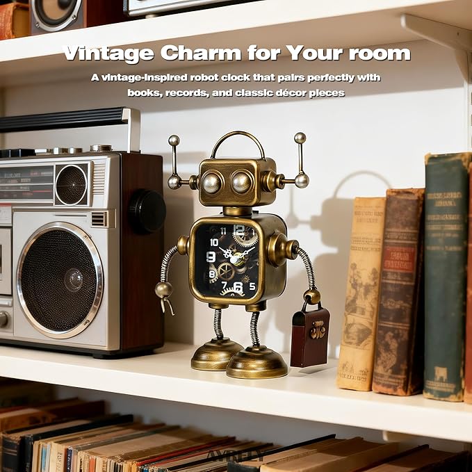 AYRELY® Industrial Steampunk Robot Table Clock,Battery Operated Handcrafted Metal Desk&Shelf Clock,Retro Mechanical Decorative Clock for Home,Living Room,Fireplace Decor