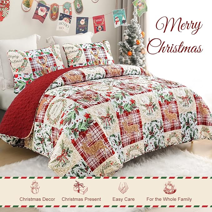 Exclusivo Mezcla Reversible Christmas Quilts Twin Size, Red Bedspread Lightweight Coverlet Winter Patchwork Quilt Bedding Set with Printed Reindeer Wreaths Pattern (1 Quilt, 1 Pillow Sham)