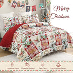 Exclusivo Mezcla Reversible Christmas Quilts Twin Size, Red Bedspread Lightweight Coverlet Winter Patchwork Quilt Bedding Set with Printed Reindeer Wreaths Pattern (1 Quilt, 1 Pillow Sham)