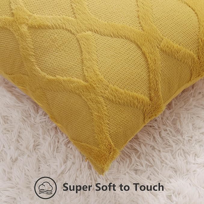 decorUhome Spring Throw Pillow Covers 18x18 Inch Set of 2, Soft Plush Faux Fur Wool Mustard Yellow Couch Pillow Covers, Decorative Neutral Pillow Cases for Bed Sofa Living Room Home Decor