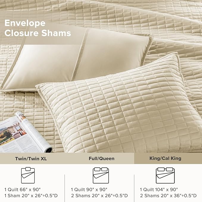 Comfort Spaces Kienna Quilt Set- Double Sided Stitching Design Summer Blanket, Lightweight, Soft, All Season Bedding Layer, Matching Sham, Ivory, Coverlet King (104"x90") 3 Piece
