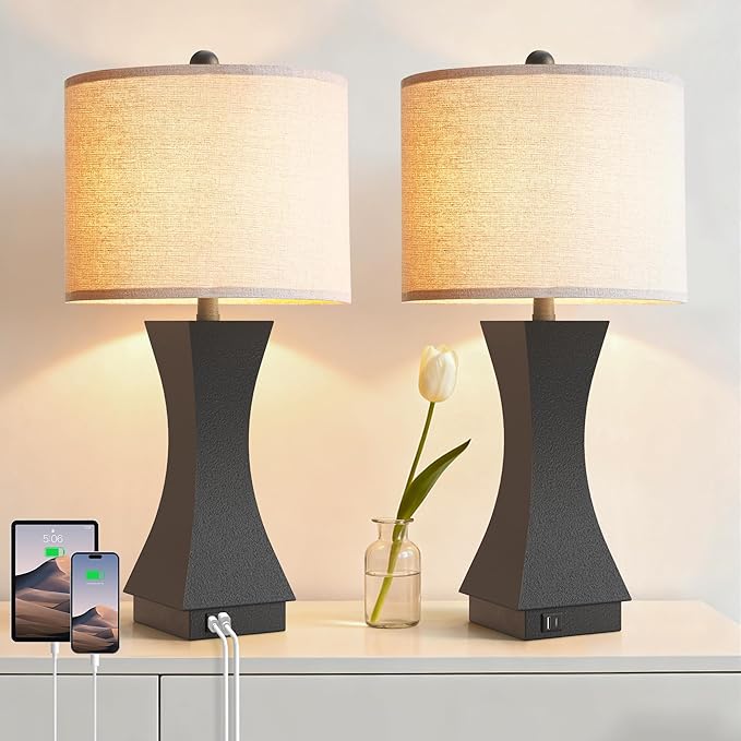 24.5" Modern Table Lamp Set of 2, 3-Way Dimmable Bedside Lamps with USB C & A Charging, Farmhouse Resin Nightstand Lamps with Beige Linen Shade for Bedroom, Living Room, Home Office (Black)