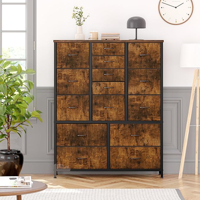 GarveeHome 15 Drawers Dressers, Chest of Drawers with Wood Tabletop, Metal Frame, Storage Organizer Unit with Fabric, Tall Dressers for Bedroom Living Room Hallway Entryway, Rustic Brown