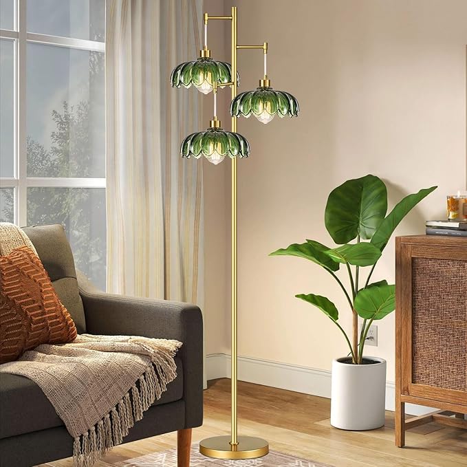 Gold Floor Lamp for Living Room Bedroom,Modern Floor Lamps with Unique Green Glass Shades,3 Lights Mid Century Tall Standing Lamp,Vintage Tree Flower Floor Lamp for Corner Office Reading
