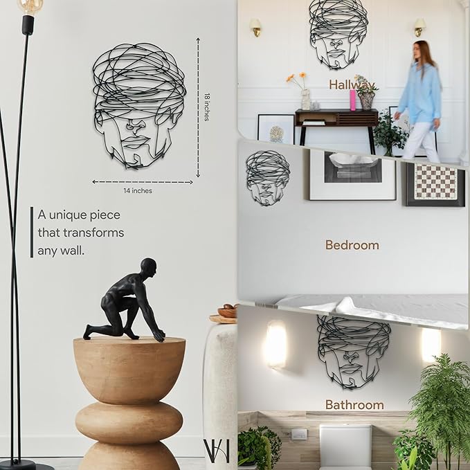 Overthinking Man Metal Wall Decor, Abstract Geometric Face Sculpture, Modern Line Art for Living Room, Office, Bedroom, and Contemporary Home Decor , Unique, Thought-Provoking Artwork for Minimalist Interiors (18 x 14 inches)
