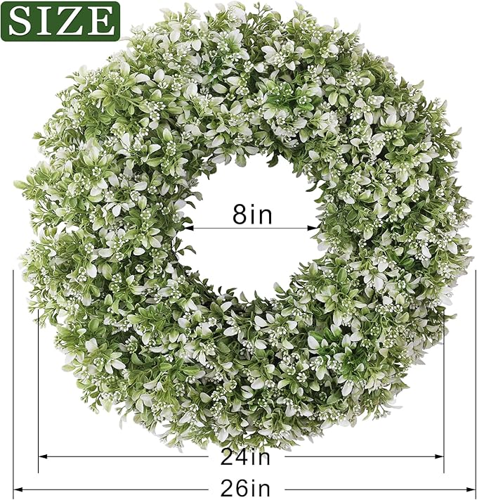 26" Artificial Boxwood Wreath for Front Door - Large Faux Aglaia Odorata Wreath, Fake Eucalyptus Leaves Plants for Wall Window Farmhouse Outdoor Decor - Spring, Summer, All Seasons (White-Green)