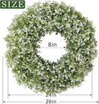 26" Artificial Boxwood Wreath for Front Door - Large Faux Aglaia Odorata Wreath, Fake Eucalyptus Leaves Plants for Wall Window Farmhouse Outdoor Decor - Spring, Summer, All Seasons (White-Green)