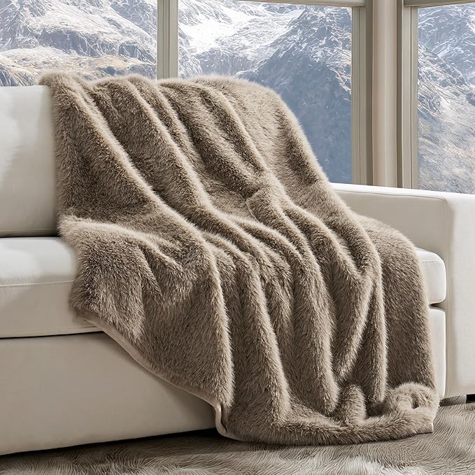 EVERGRACEHOME Luxury Faux Fur Throw Blanket, Soft Fluffy Faux Mink Blankets for Bed, Couch, Sofa, Thick Cozy Plush Warm Fur Throws with Reversible Velvet, Natural Mink, 60"x80"