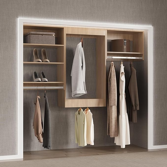 Modular Closet System, 60" Wide Organizer With Hanging Shelving, Wood Tower Storage for Walk-In Closets, Wall Mounted Wardrobe Kit, Bedroom