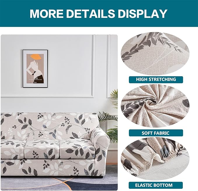 KRFOONN 4 Piece Stretch Sofa Couch Covers for 3 Cushion Couches Printed Sofa Slipcover with 3 Separate Seat Cushion Covers Washable Sofa Slip Covers Furniture Protector for Pets Kids (Large, 23)