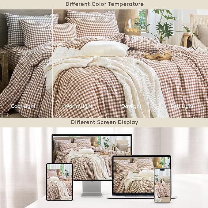 MooMee Gingham Duvet Cover Set 100% Washed Cotton Linen Like Textured Breathable Durable Soft Comfy Modern Checkered Design (Dark Orange Gingham, Palatial King/Oversized King 120"x98")
